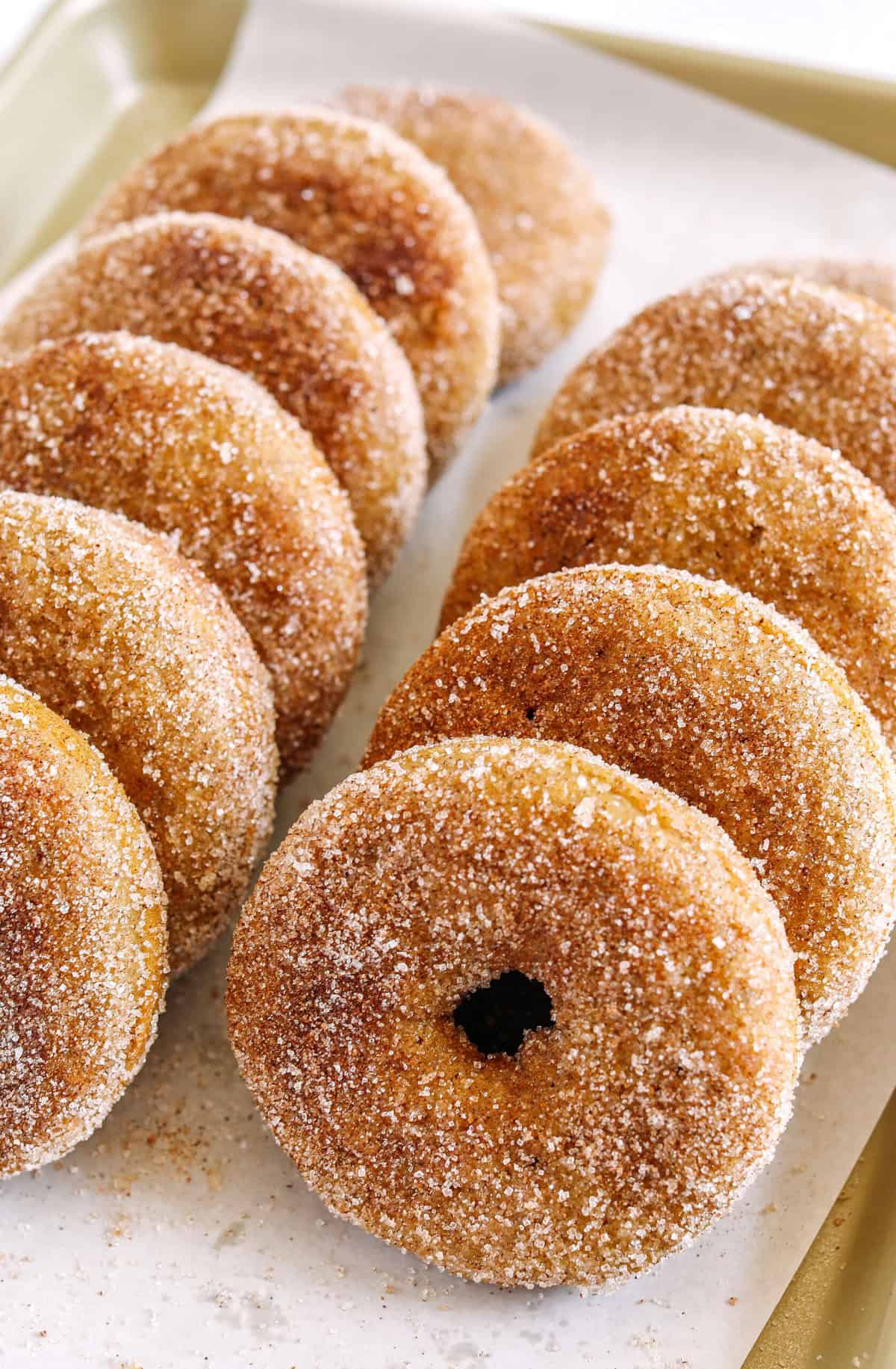 Soft Baked Apple Cider Donuts made healthier with whole wheat flour, applesauce and Greek yogurt for the perfect fall treat that comes together in just 20 minutes! Loaded with warm spices and coated with cinnamon and sugar!